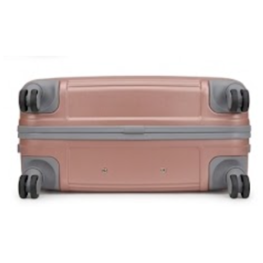 A hard-shell spinner suitcase in a dusty rose pink color with gray accents and four wheels, shown from the back against a plain white background.