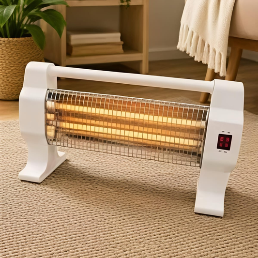 A white electric space heater with glowing orange heating elements