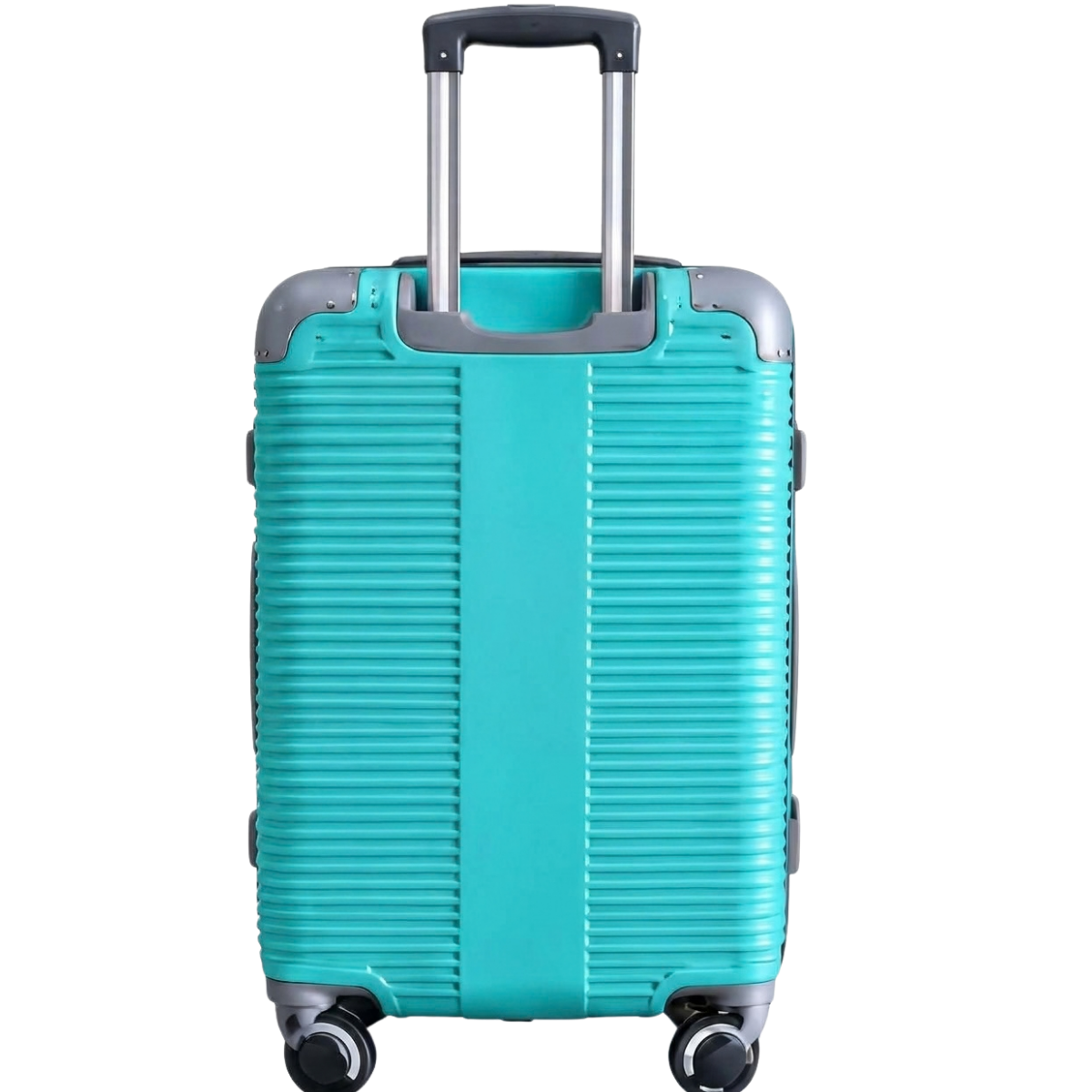 A turquoise hard-shell spinner suitcase with a telescoping handle extended, shown against a plain white background.