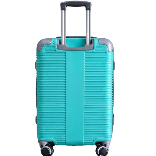 A turquoise hard-shell spinner suitcase with a telescoping handle extended, shown against a plain white background.