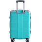 A turquoise hard-shell spinner suitcase with a telescoping handle extended, shown against a plain white background.