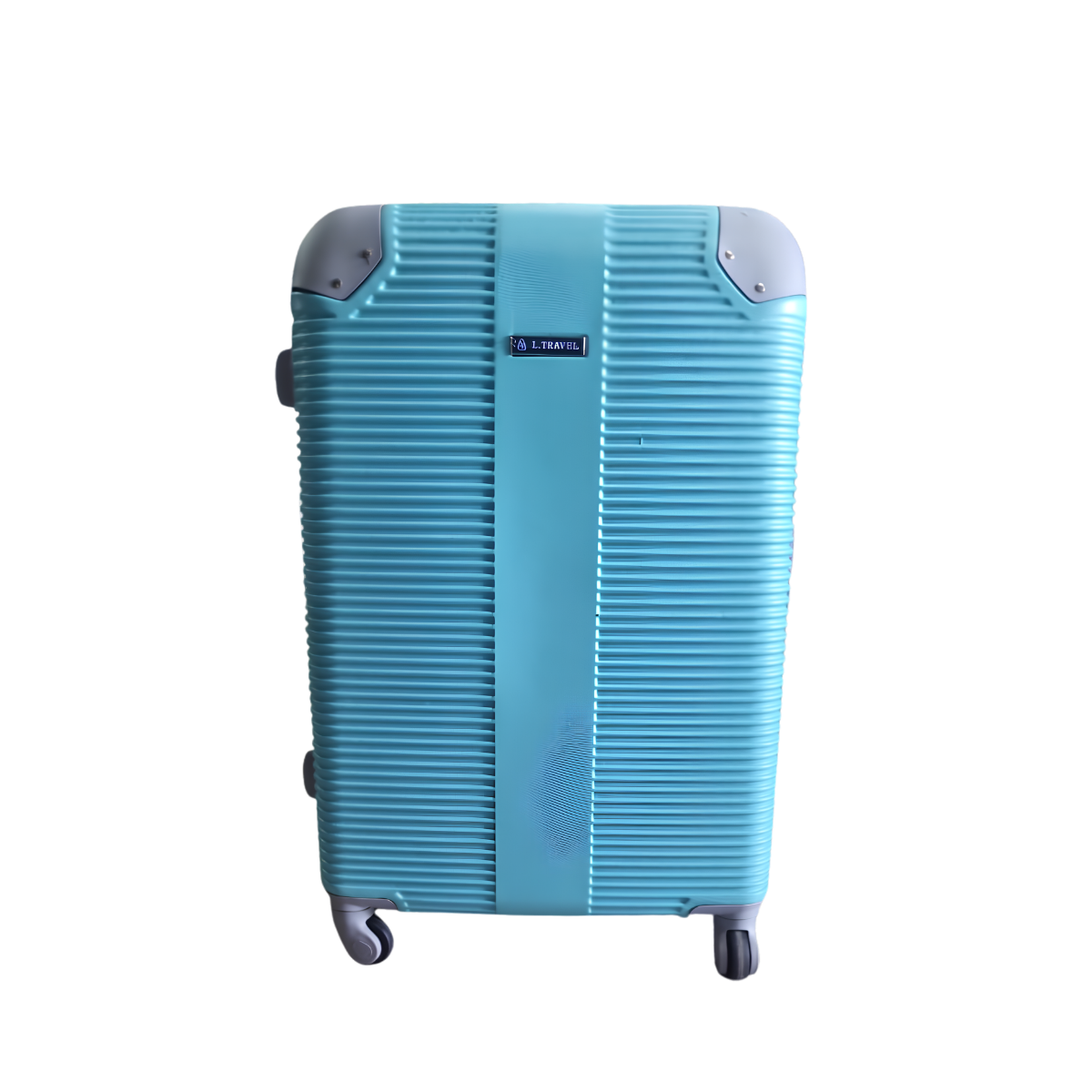 A light blue hard-shell spinner suitcase with a ribbed design, gray corner protectors, and a small black brand label on the front, shown against a plain white background.