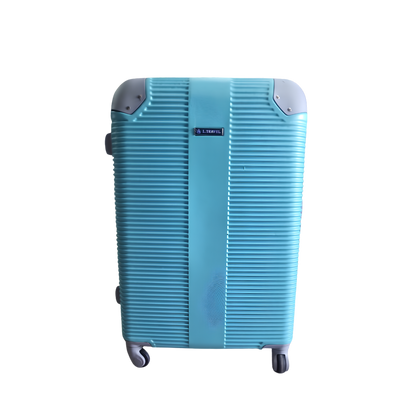 A light blue hard-shell spinner suitcase with a ribbed design, gray corner protectors, and a small black brand label on the front, shown against a plain white background.