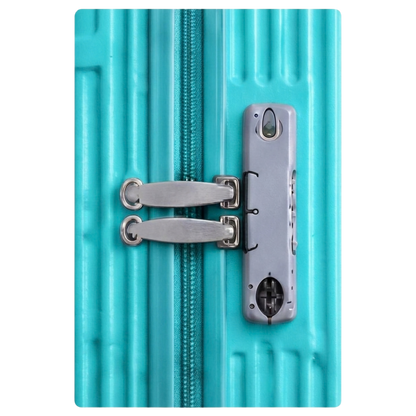 Close-up of a turquoise ribbed hard-shell suitcase with a silver zipper and a matching silver zipper pull, shown against a white background.