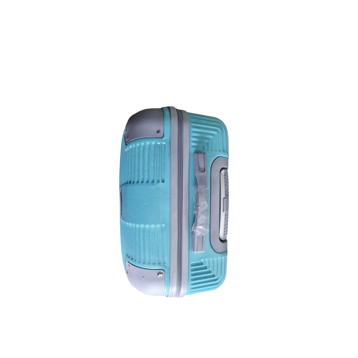 A light blue hard-shell suitcase with gray accents, shown from a side profile view against a plain white background.