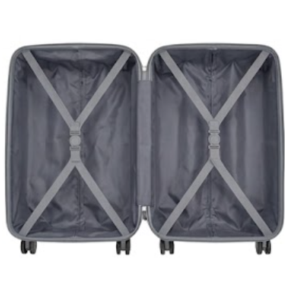 Gray hard-shell suitcase shown open, displaying the interior with gray compression straps and wheels on a plain white background.