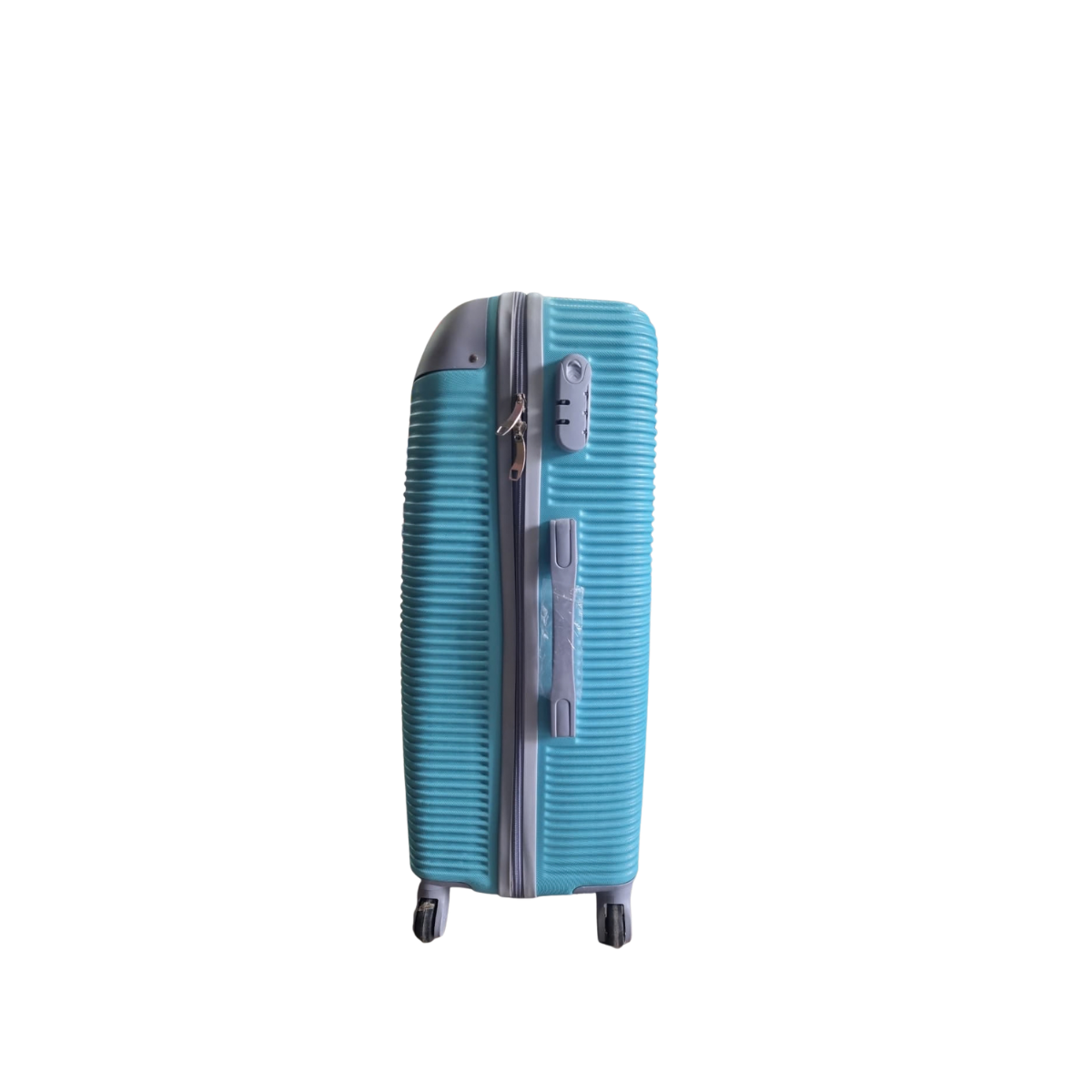 A light blue ribbed hard-shell suitcase with gray accents, including a zipper track, handle, and a combination lock, shown on a plain white background.