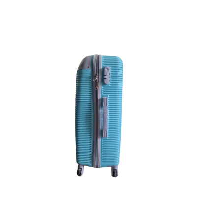A light blue ribbed hard-shell suitcase with gray accents, including a zipper track, handle, and a combination lock, shown on a plain white background.