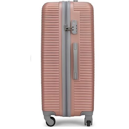 A hard-shell carry-on suitcase in a metallic rose gold finish with a ribbed vertical texture, featuring gray accents, a combination lock, and four spinner wheels, shown against a plain white background.