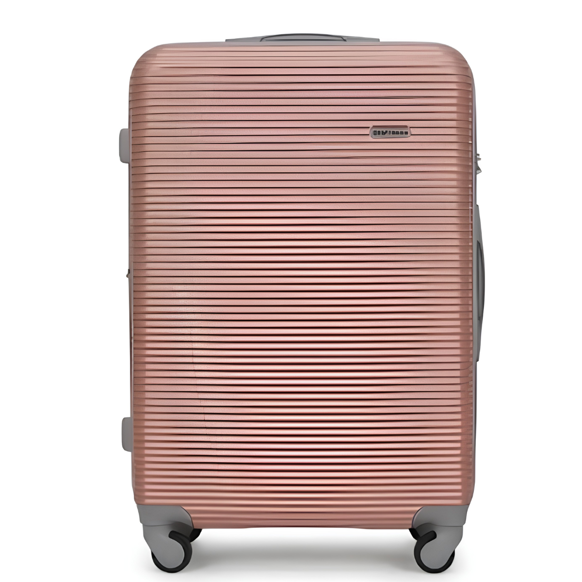 A hardshell spinner suitcase in a metallic rose gold color with horizontal grooves, featuring gray accents on the wheels and handle, shown against a plain white background.