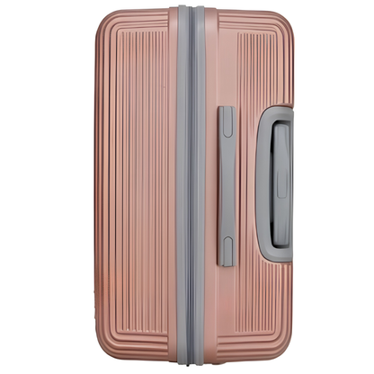 A hard-shell carry-on suitcase in a metallic rose gold finish with gray accents, including a telescoping handle and zipper pull, shown on a plain white background.