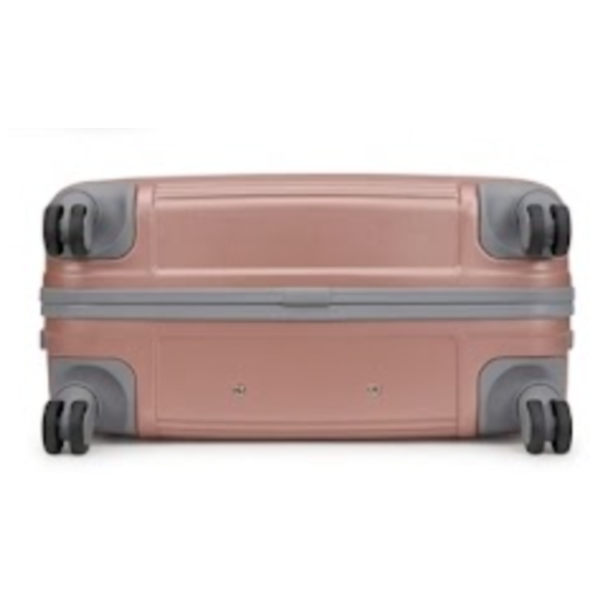 A hard-shell spinner suitcase in a dusty rose pink color with gray accents and four wheels, shown from the back against a plain white background.