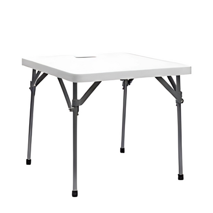 A compact folding table set up for four people.