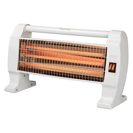 A white electric space heater with glowing orange heating tubes